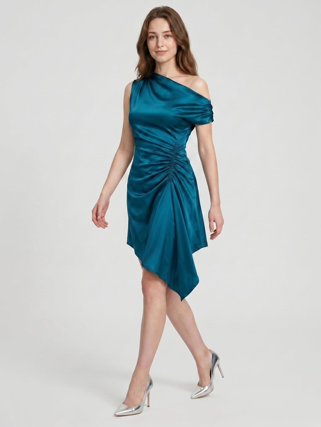 Teal Satin A-Line One Shoulder Side Zip Asymmetrical Pleated Bridesmaid Dress