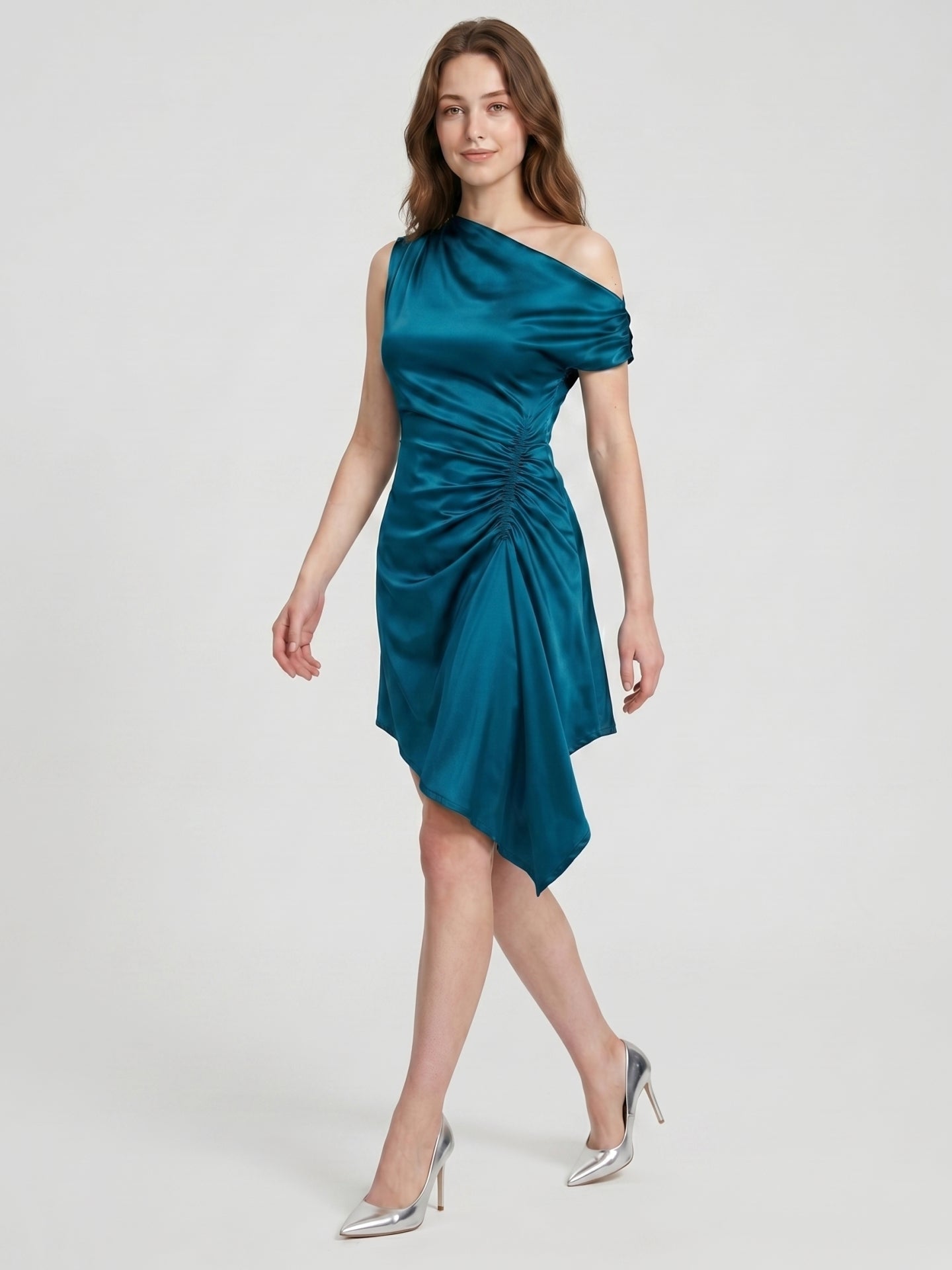 Teal Satin A-Line One Shoulder Side Zip Asymmetrical Pleated Bridesmaid Dress