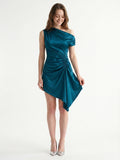 Teal Satin A-Line One Shoulder Side Zip Asymmetrical Pleated Bridesmaid Dress