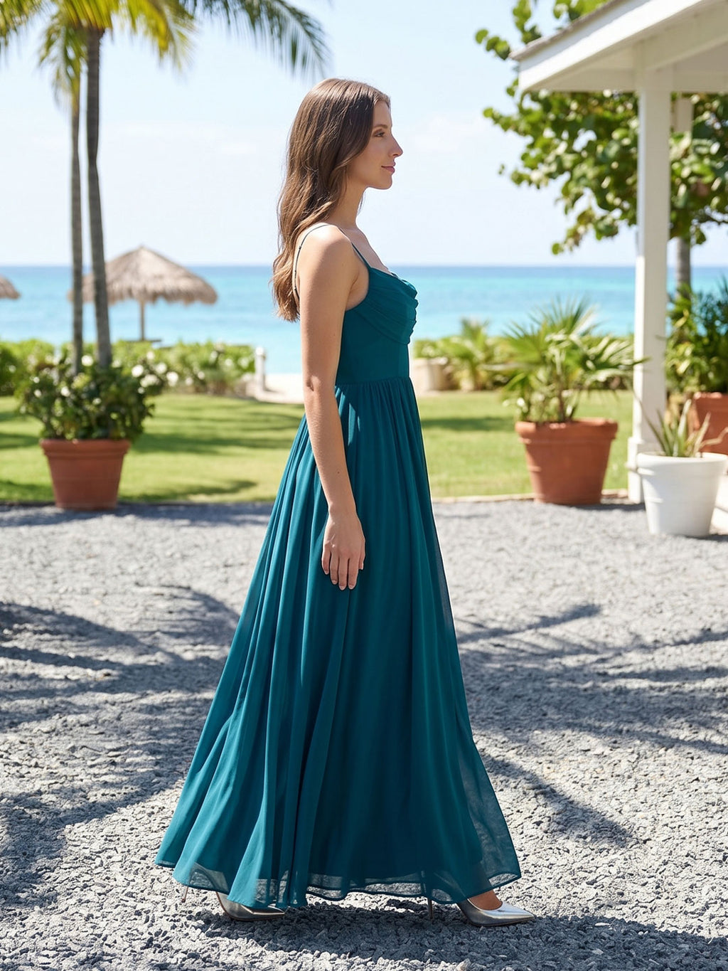 Teal Chiffon A-Line Cowl Neck Backless Floor-Length Pleated Bridesmaid Dress