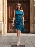Teal Satin A-Line One Shoulder Side Zip Asymmetrical Pleated Bridesmaid Dress