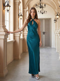 Teal Satin Column Halter Backless Floor-Length Bridesmaid Dress with Bow
