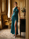 Teal Satin Sheath Halter Lace-Up Back Ankle-Length Bridesmaid Dress