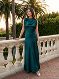 Teal Satin Sheath Scoop Neck Back Zip Floor-Length Prom Dress with 3D Flower