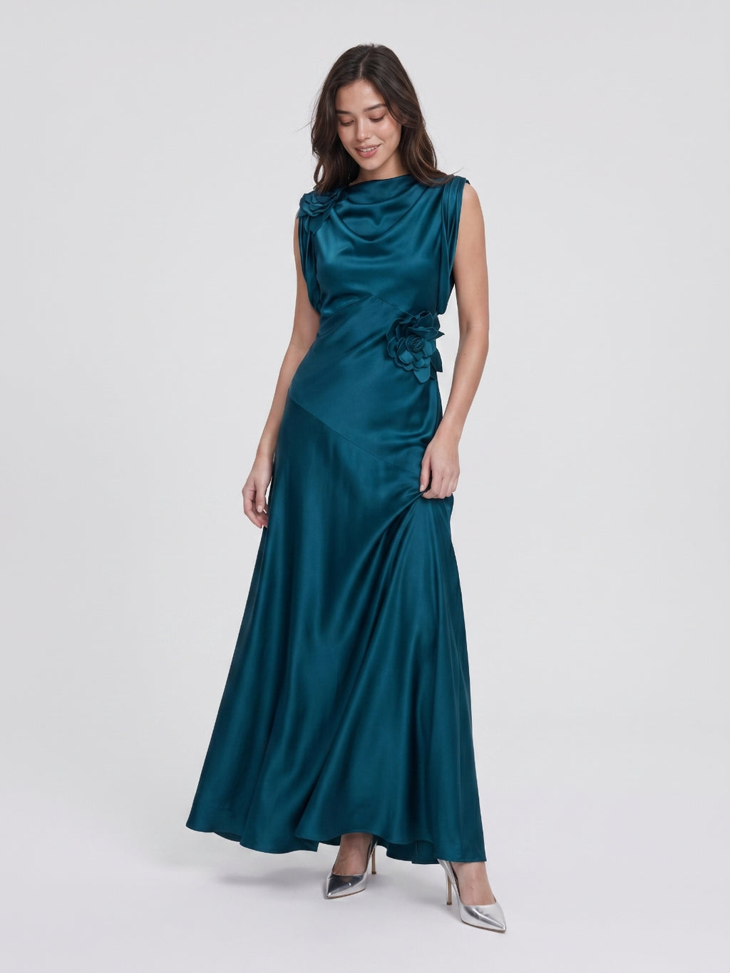 Teal Satin Sheath Scoop Neck Back Zip Floor-Length Prom Dress with 3D Flower