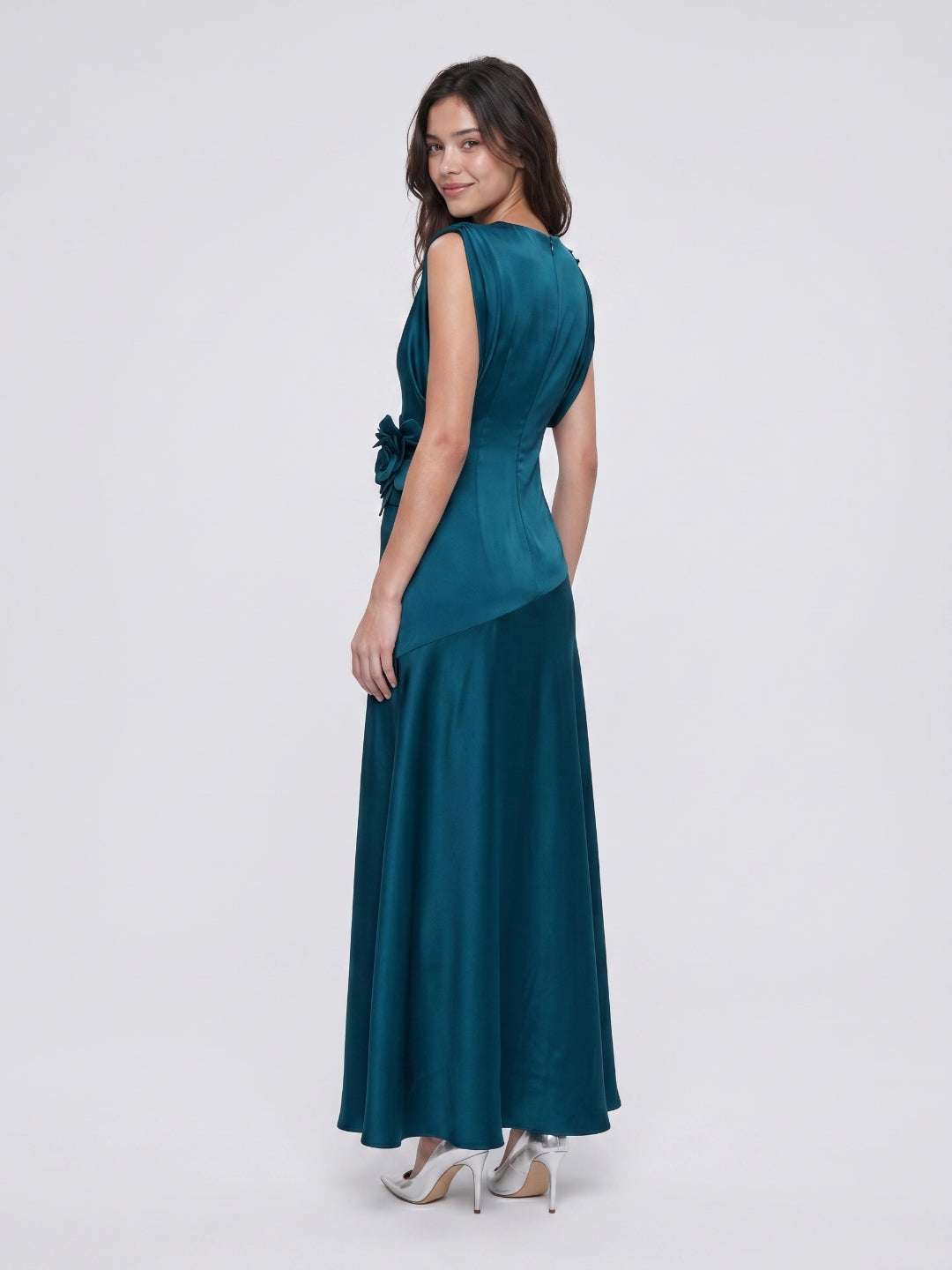 Teal Satin Sheath Scoop Neck Back Zip Floor-Length Prom Dress with 3D Flower