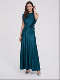 Teal Satin Sheath Scoop Neck Back Zip Floor-Length Prom Dress with 3D Flower