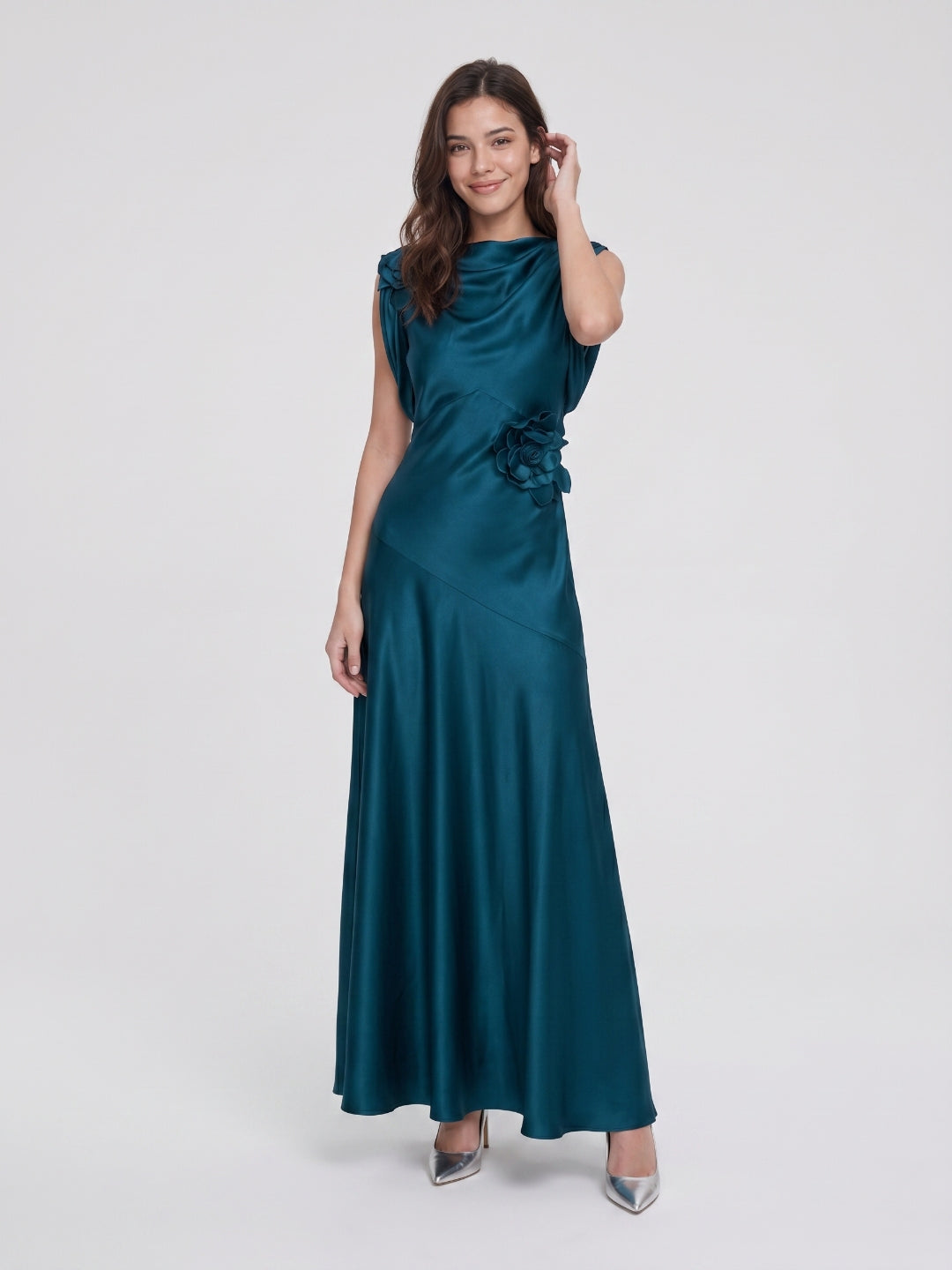 Teal Satin Sheath Scoop Neck Back Zip Floor-Length Prom Dress with 3D Flower