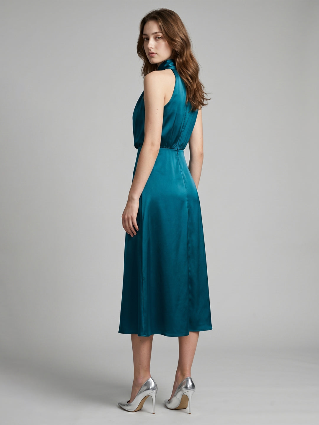Teal Satin Sheath Scoop Neck Back Zip Tea-Length Bridesmaid Dress