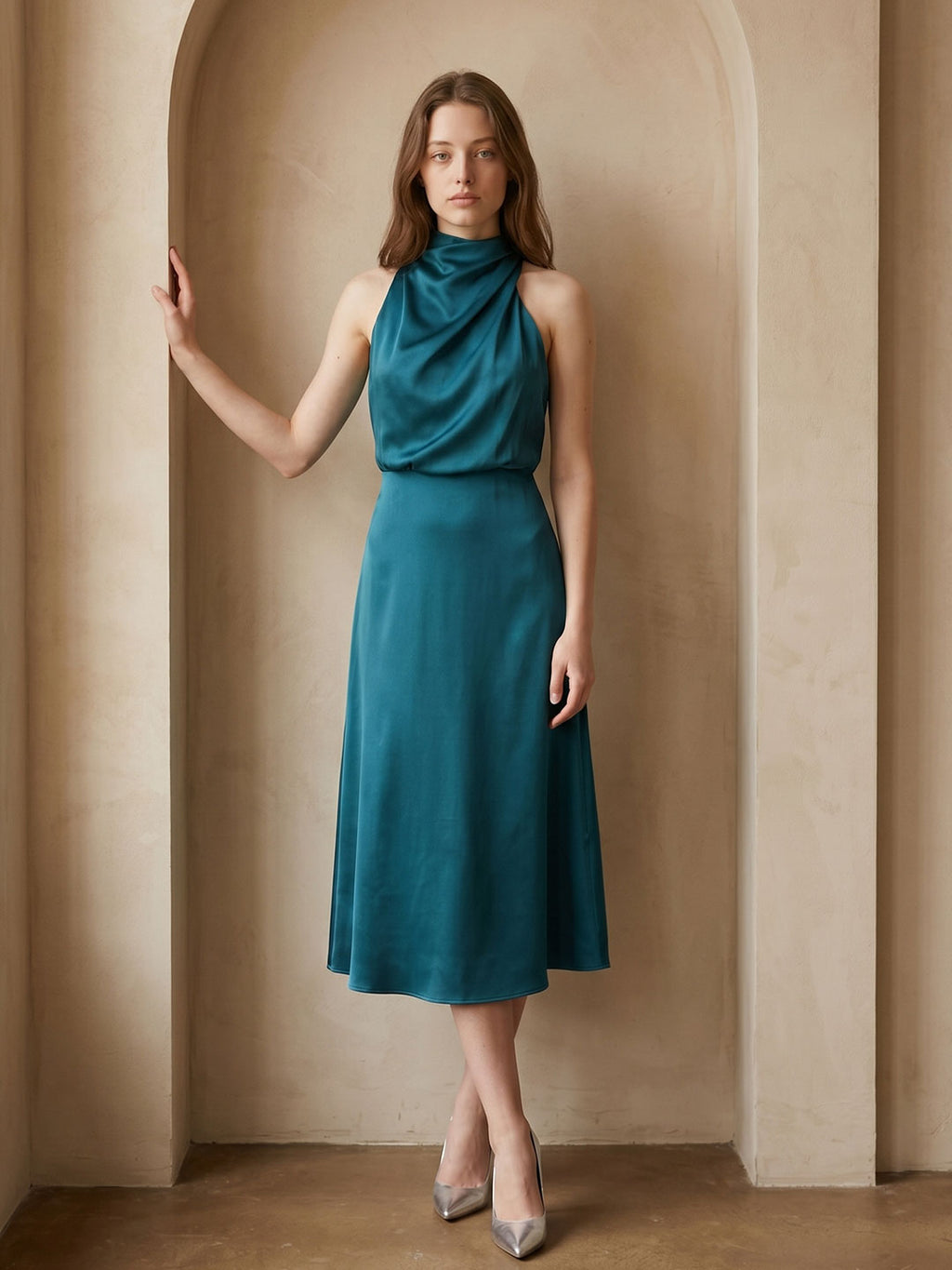 Teal Satin Sheath Scoop Neck Back Zip Tea-Length Bridesmaid Dress