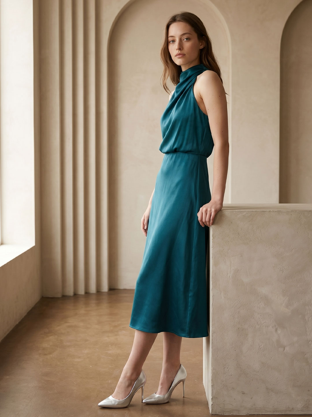 Teal Satin Sheath Scoop Neck Back Zip Tea-Length Bridesmaid Dress
