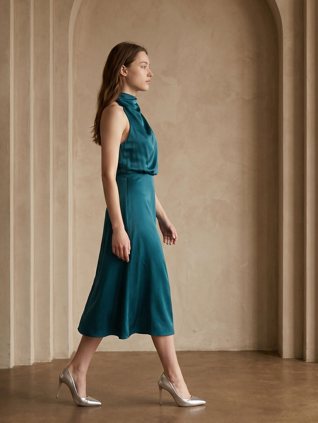 Teal Satin Sheath Scoop Neck Back Zip Tea-Length Bridesmaid Dress
