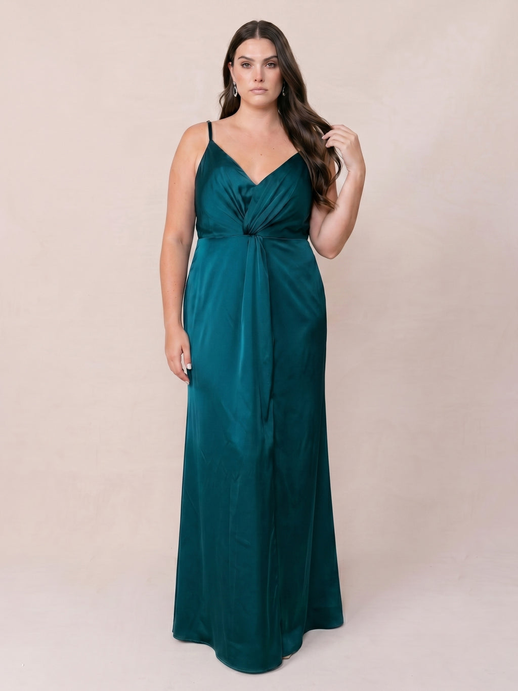Teal Satin Sheath V-Neck Back Zip Ankle-Length Bridesmaid Dress