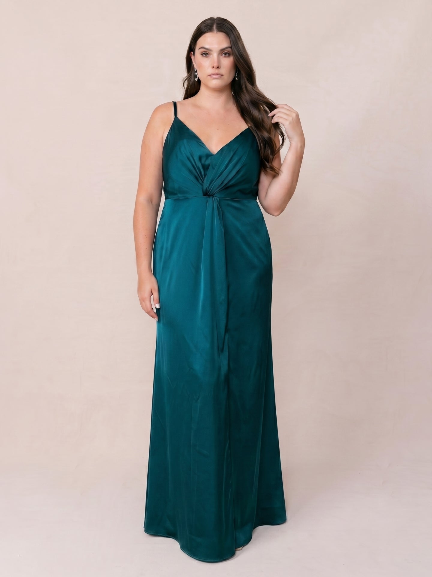 Teal Satin Sheath V-Neck Back Zip Ankle-Length Bridesmaid Dress
