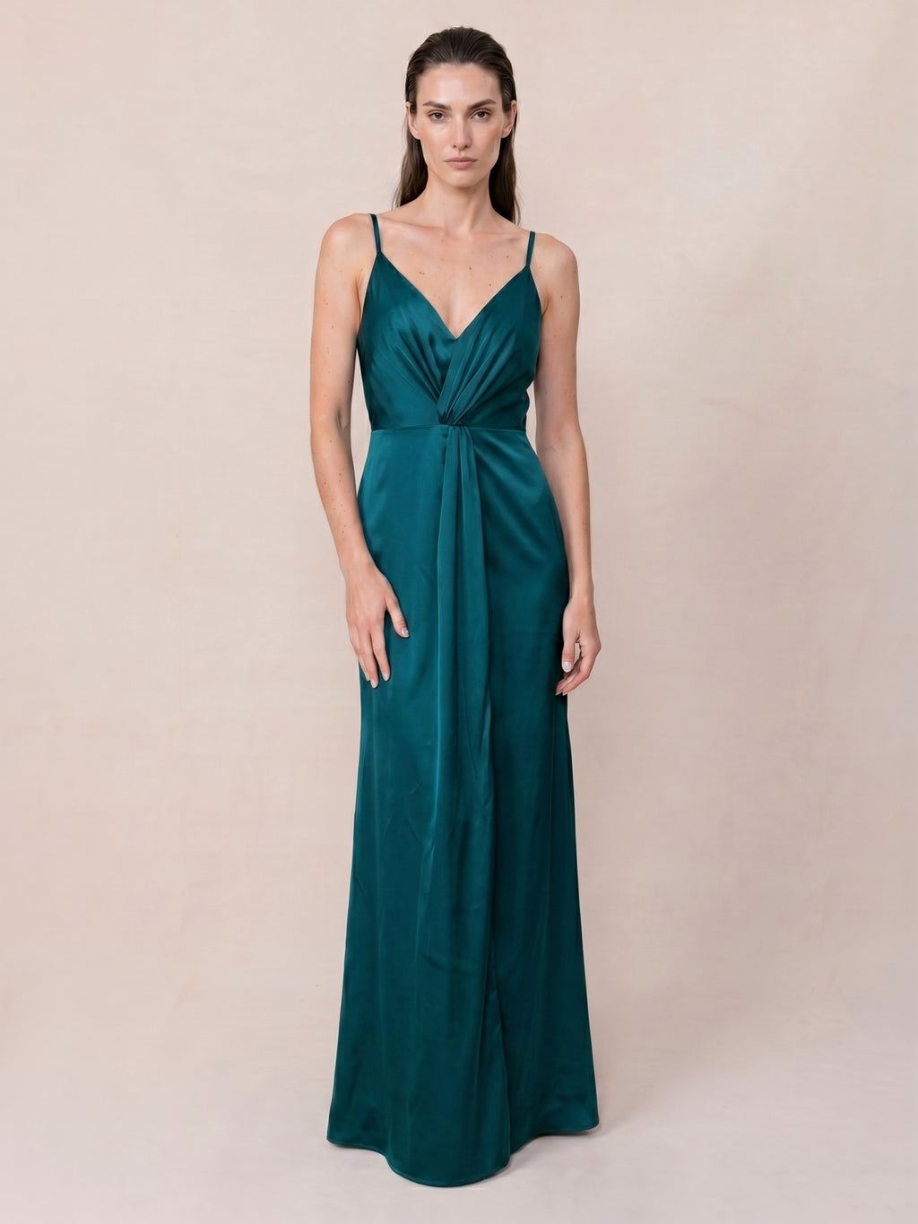 Teal Satin Sheath V-Neck Back Zip Ankle-Length Bridesmaid Dress