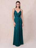 Teal Satin Sheath V-Neck Back Zip Ankle-Length Bridesmaid Dress