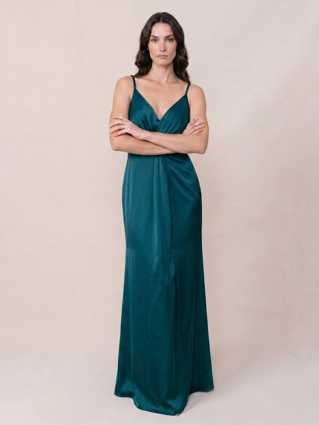 Teal Satin Sheath V-Neck Back Zip Ankle-Length Bridesmaid Dress