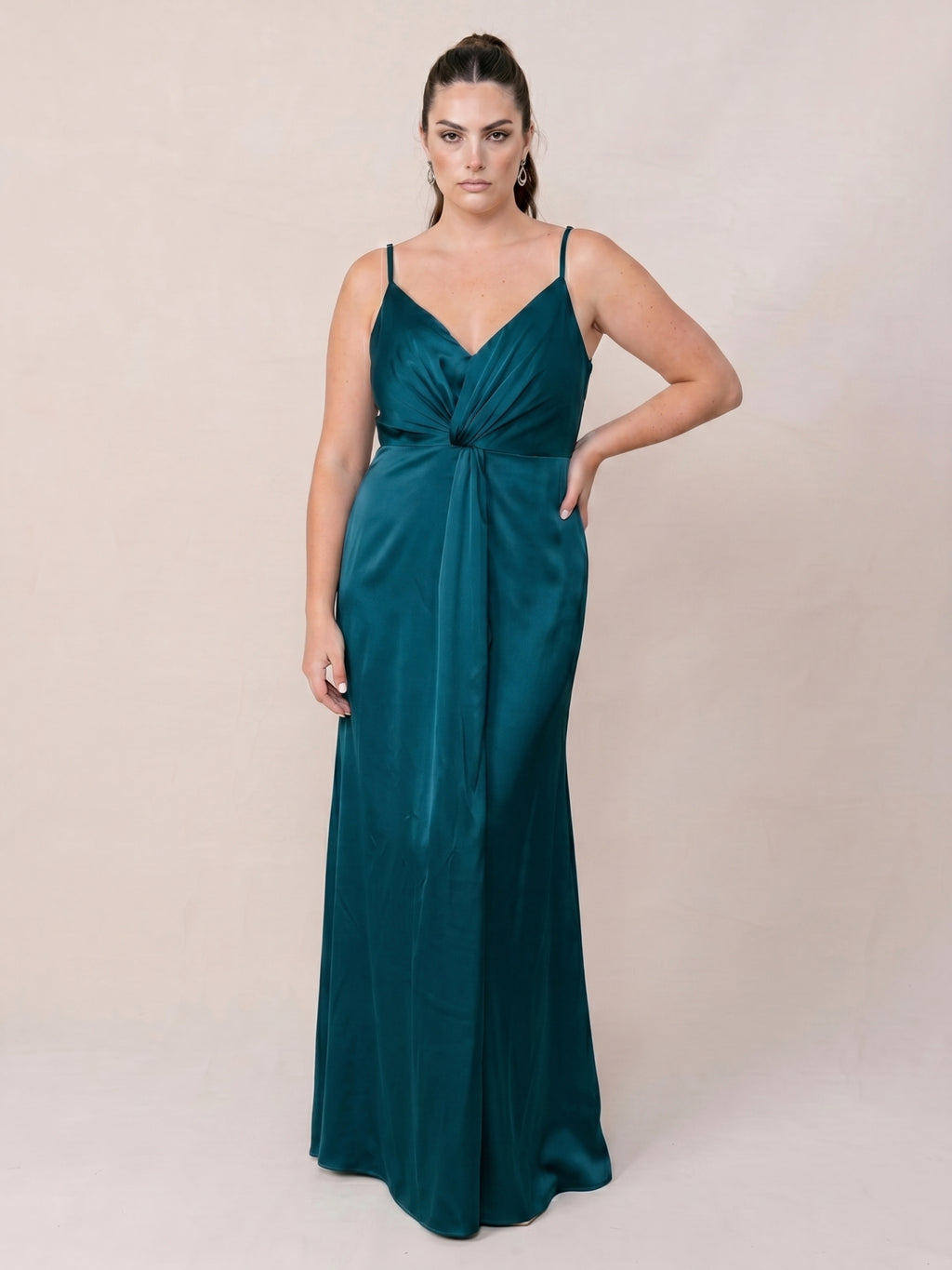 Teal Satin Sheath V-Neck Back Zip Ankle-Length Bridesmaid Dress