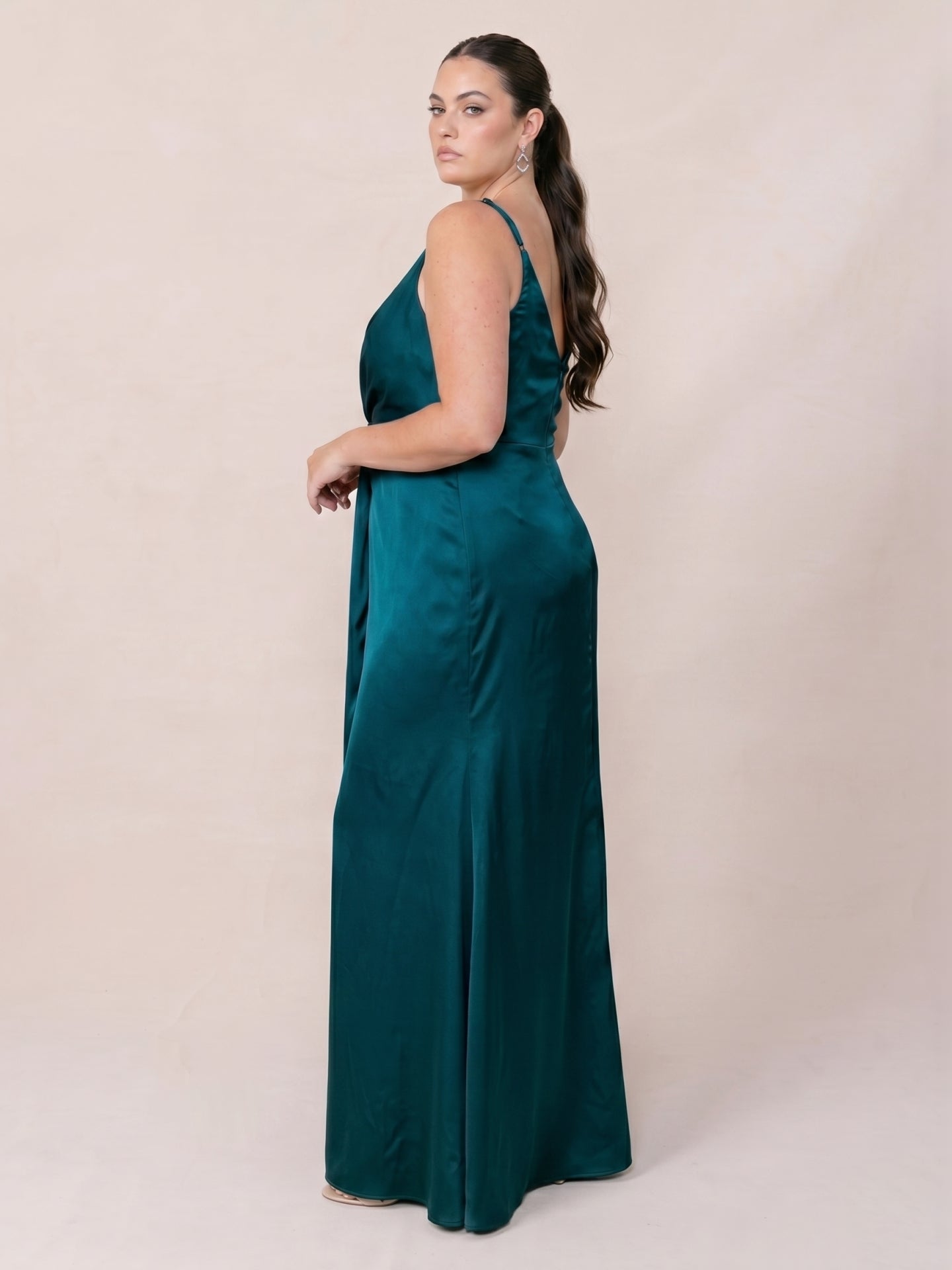 Teal Satin Sheath V-Neck Back Zip Ankle-Length Bridesmaid Dress