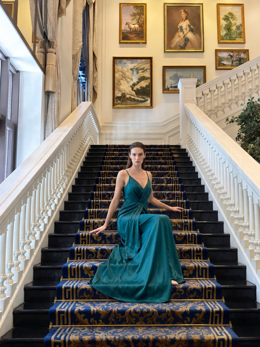 Teal Satin Sheath V-Neck Back Zip Ankle-Length Bridesmaid Dress