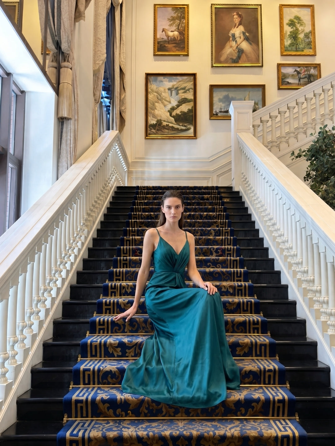 Teal Satin Sheath V-Neck Back Zip Ankle-Length Bridesmaid Dress