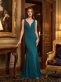 Teal Stretch Knit Mermaid V-Neck Backless Floor-Length Bridesmaid Dress