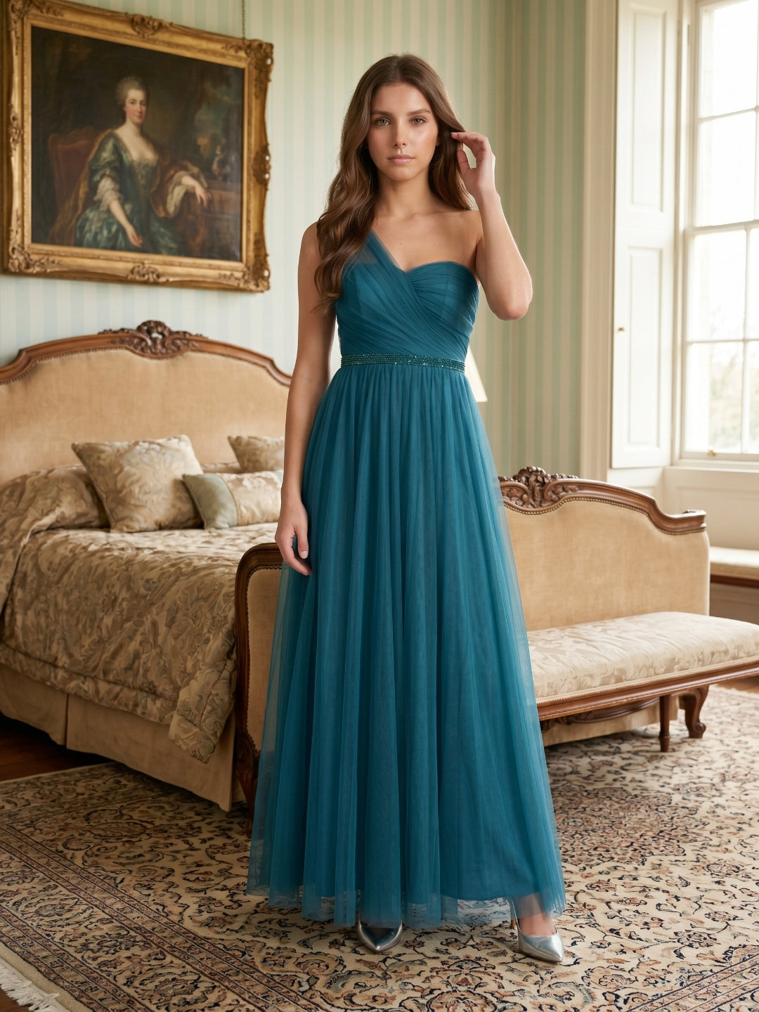 Teal Tulle A-Line One Shoulder Back Zip Floor-Length Pleated Bridesmaid Dress
