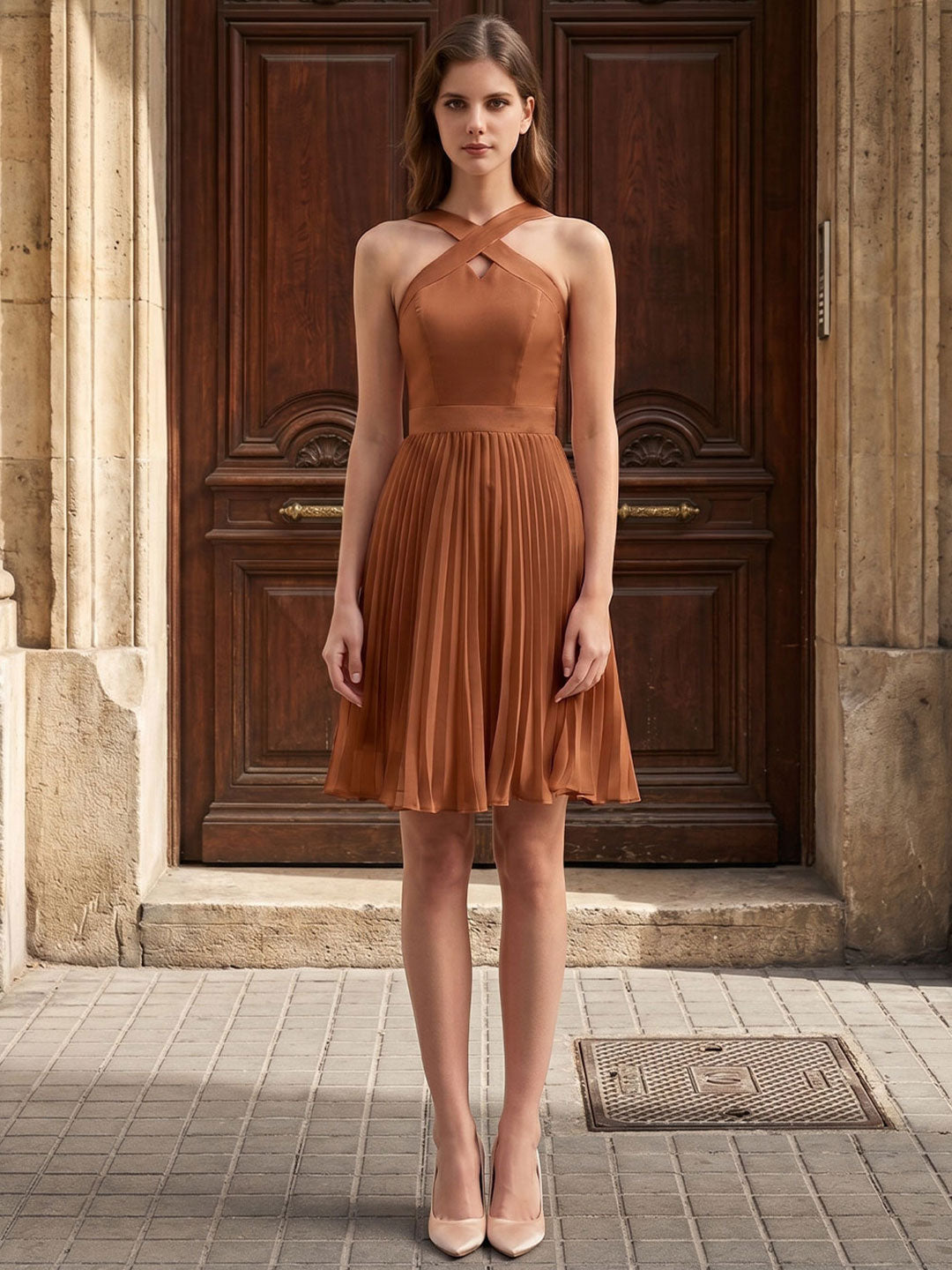 Terracotta Chiffon A-Line Halter Back Zip Knee-Length Pleated Bridesmaid Dress