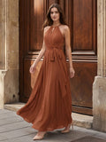 Terracotta Chiffon A-Line Halter Bow Back Floor-Length Bridesmaid Dress with Bow