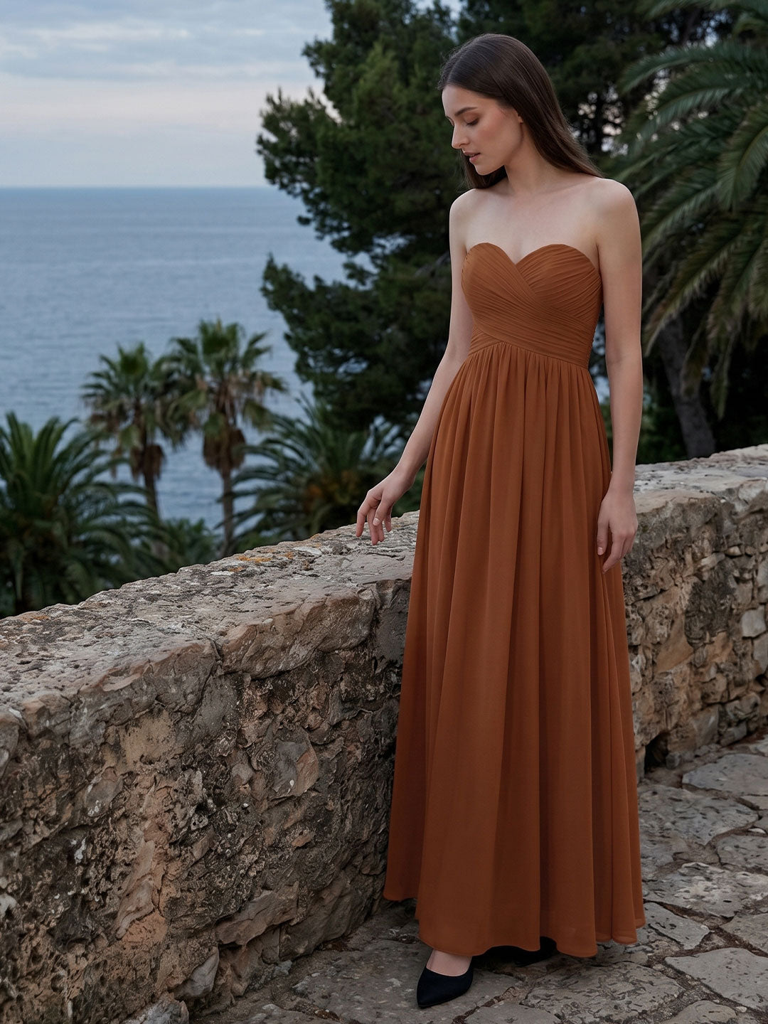Terracotta Chiffon A-Line Off-the-Shoulder Back Zip Floor-Length Pleated Bridesmaid Dress