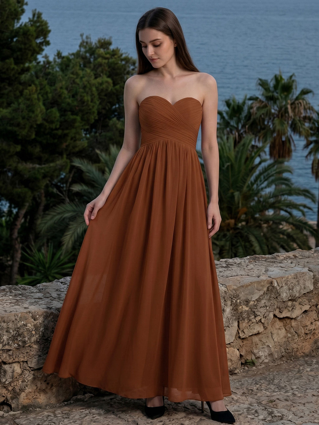 Terracotta Chiffon A-Line Off-the-Shoulder Back Zip Floor-Length Pleated Bridesmaid Dress