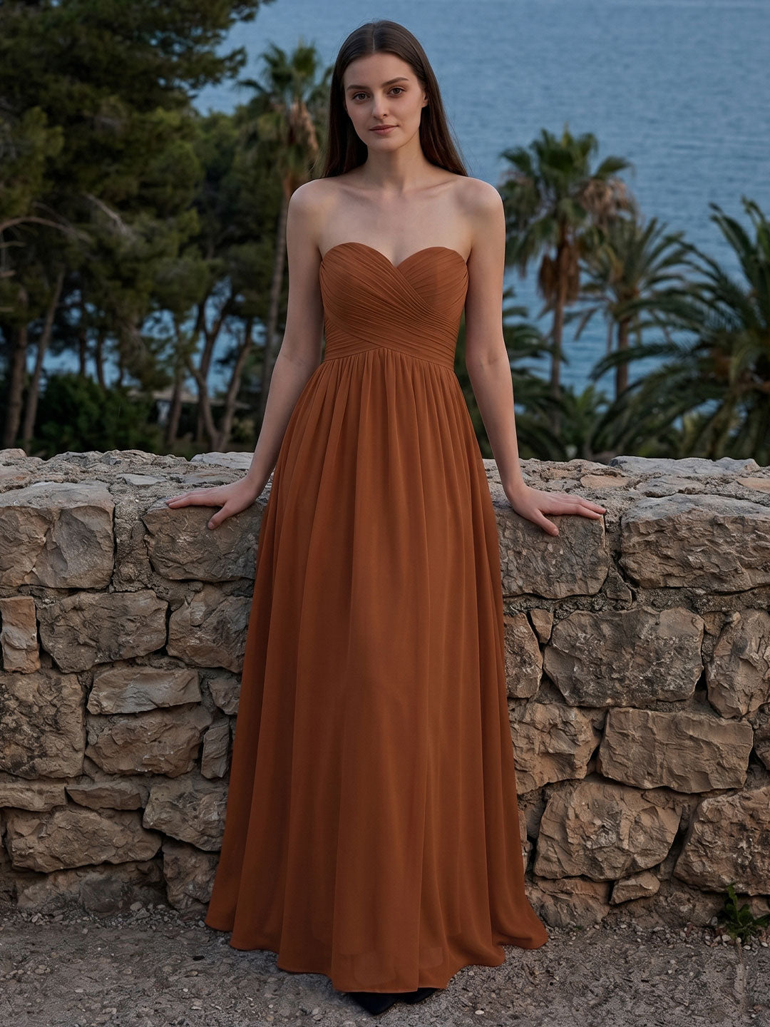 Terracotta Chiffon A-Line Off-the-Shoulder Back Zip Floor-Length Pleated Bridesmaid Dress