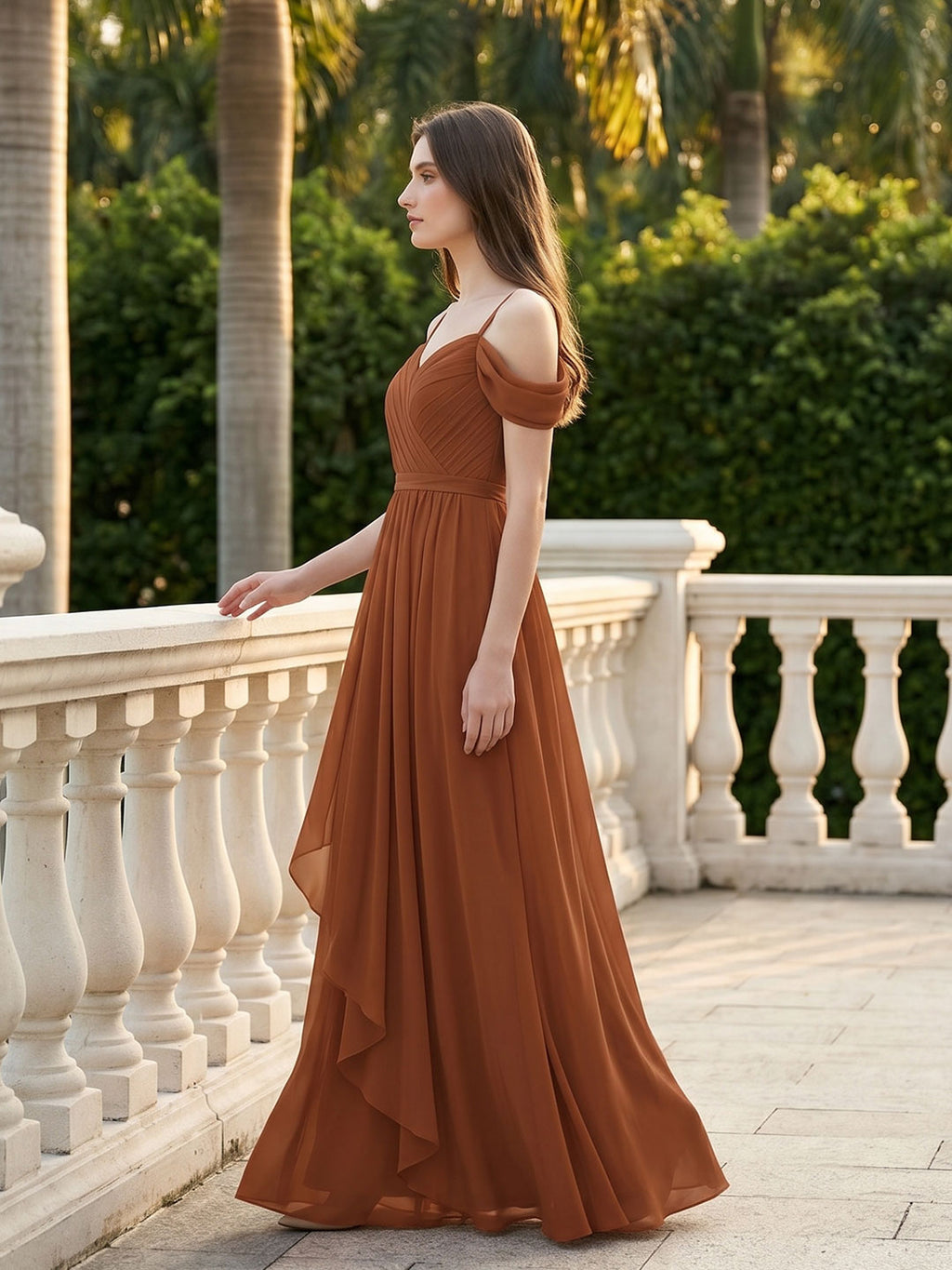 Terracotta Chiffon A-Line Off-the-Shoulder Backless Floor-Length Pleated Bridesmaid Dress