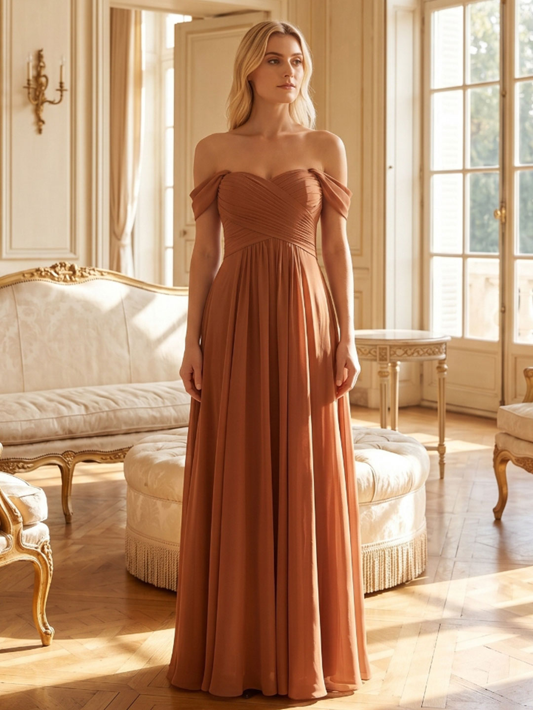 Terracotta Chiffon A-Line Off-the-Shoulder Backless Floor-Length Pleated Dress