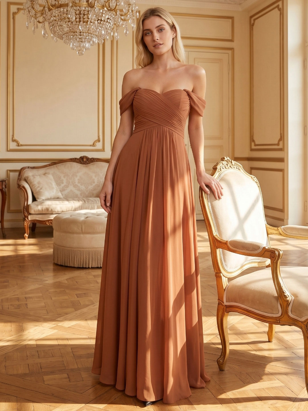 Terracotta Chiffon A-Line Off-the-Shoulder Backless Floor-Length Pleated Dress