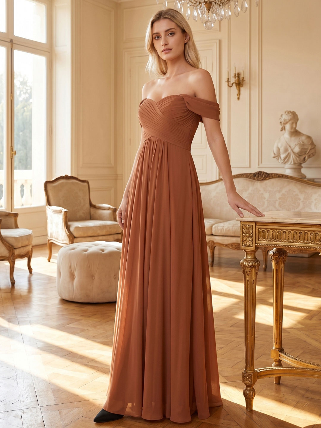 Terracotta Chiffon A-Line Off-the-Shoulder Backless Floor-Length Pleated Dress