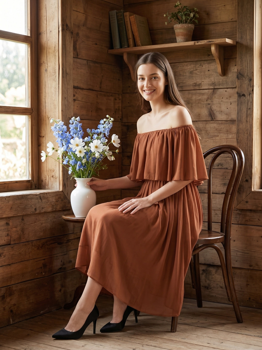 Terracotta Chiffon A-Line Off-the-Shoulder Backless Tea-Length Ruffle Bridesmaid Dress