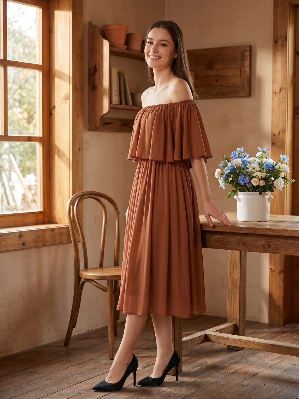 Terracotta Chiffon A-Line Off-the-Shoulder Backless Tea-Length Ruffle Bridesmaid Dress