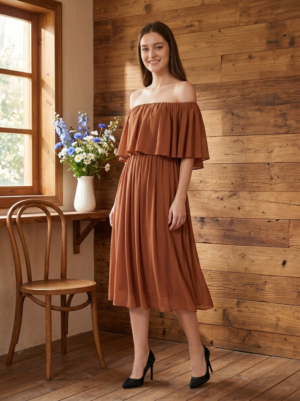 Terracotta Chiffon A-Line Off-the-Shoulder Backless Tea-Length Ruffle Bridesmaid Dress