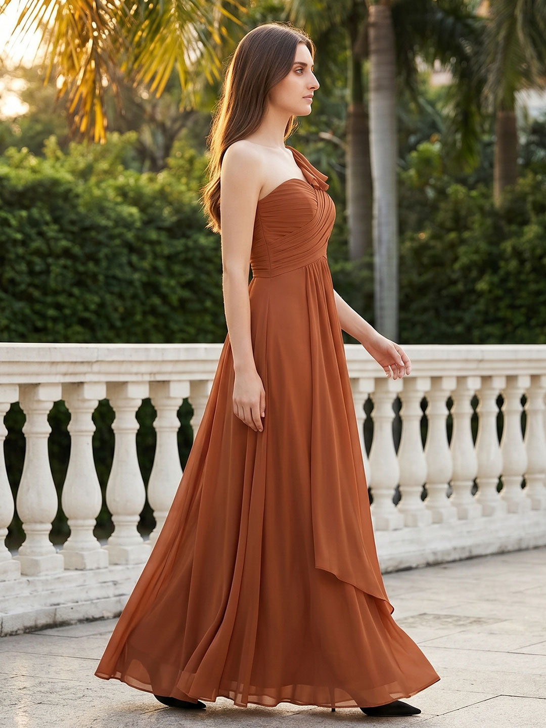 Terracotta Chiffon A-Line One Shoulder Backless Floor-Length Ruffle Bridesmaid Dress