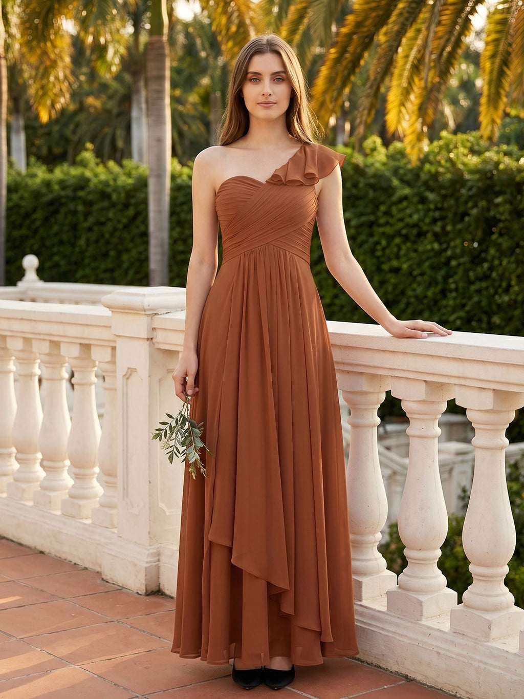 Terracotta Chiffon A-Line One Shoulder Backless Floor-Length Ruffle Bridesmaid Dress