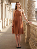 Terracotta Chiffon A-Line One Shoulder Backless Knee-Length Pleated Bridesmaid Dress