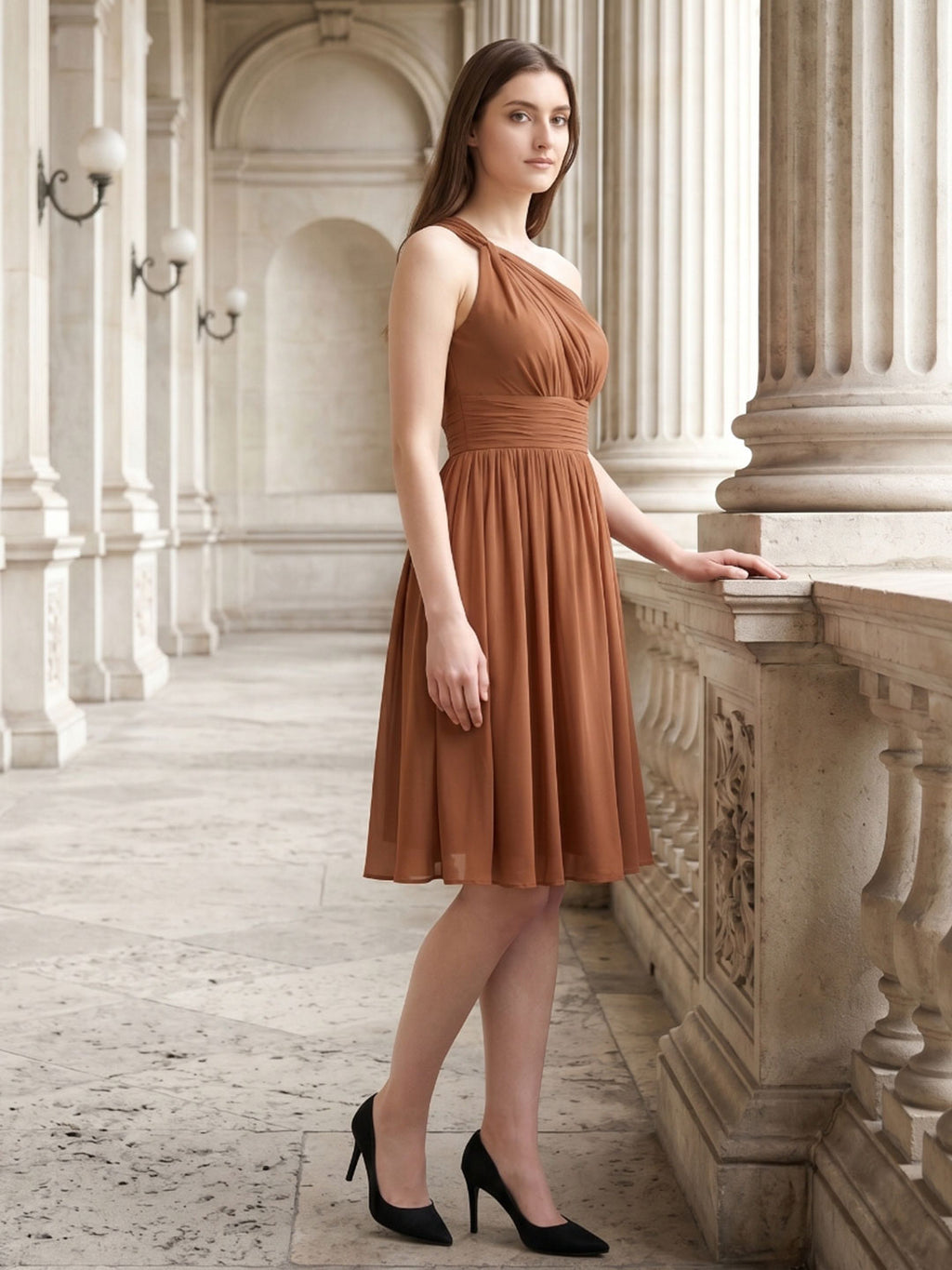 Terracotta Chiffon A-Line One Shoulder Backless Knee-Length Pleated Bridesmaid Dress