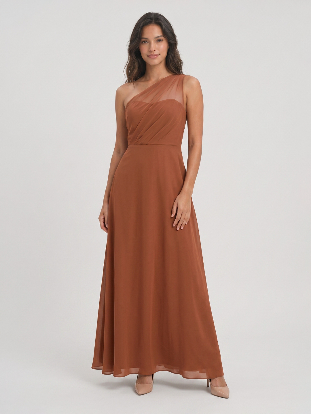 Terracotta Chiffon A-Line One Shoulder Illusion Back Floor-Length Bridesmaid Dress with Pleating