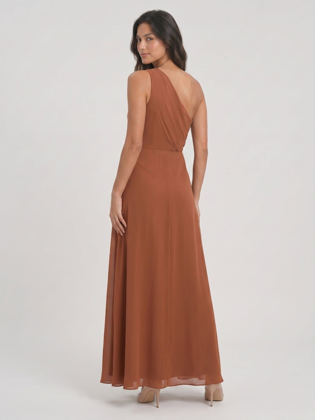 Terracotta Chiffon A-Line One Shoulder Illusion Back Floor-Length Bridesmaid Dress with Pleating