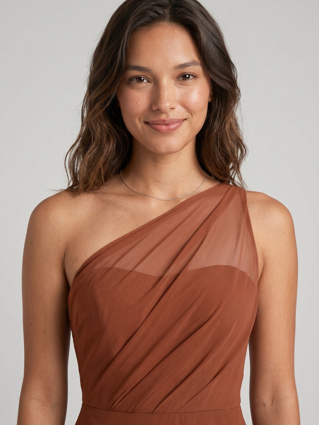Terracotta Chiffon A-Line One Shoulder Illusion Back Floor-Length Bridesmaid Dress with Pleating
