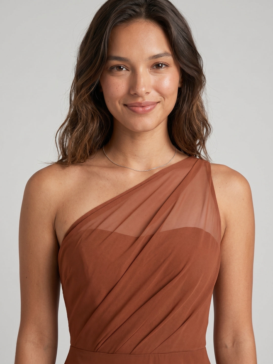 Terracotta Chiffon A-Line One Shoulder Illusion Back Floor-Length Bridesmaid Dress with Pleating