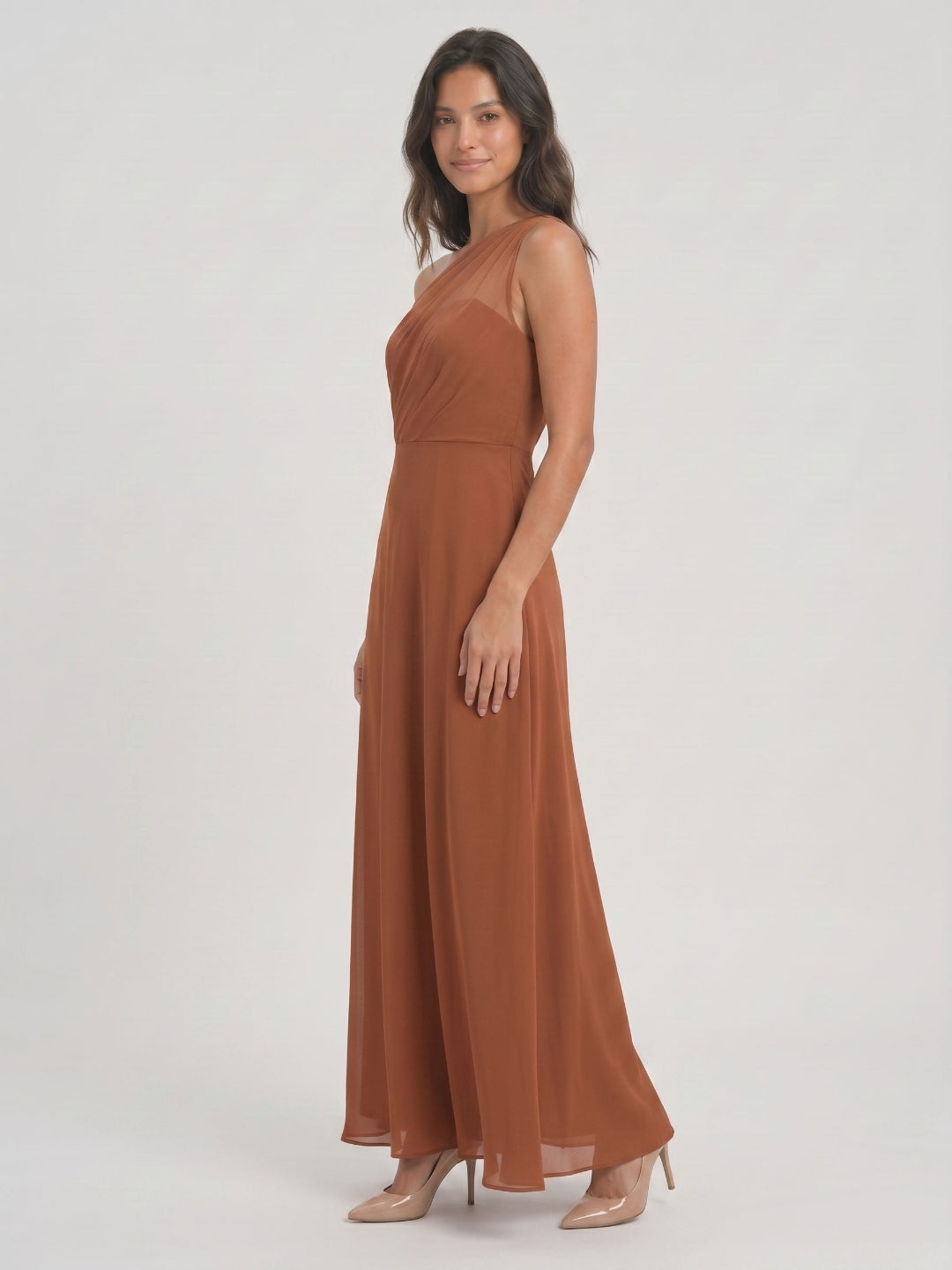 Terracotta Chiffon A-Line One Shoulder Illusion Back Floor-Length Bridesmaid Dress with Pleating