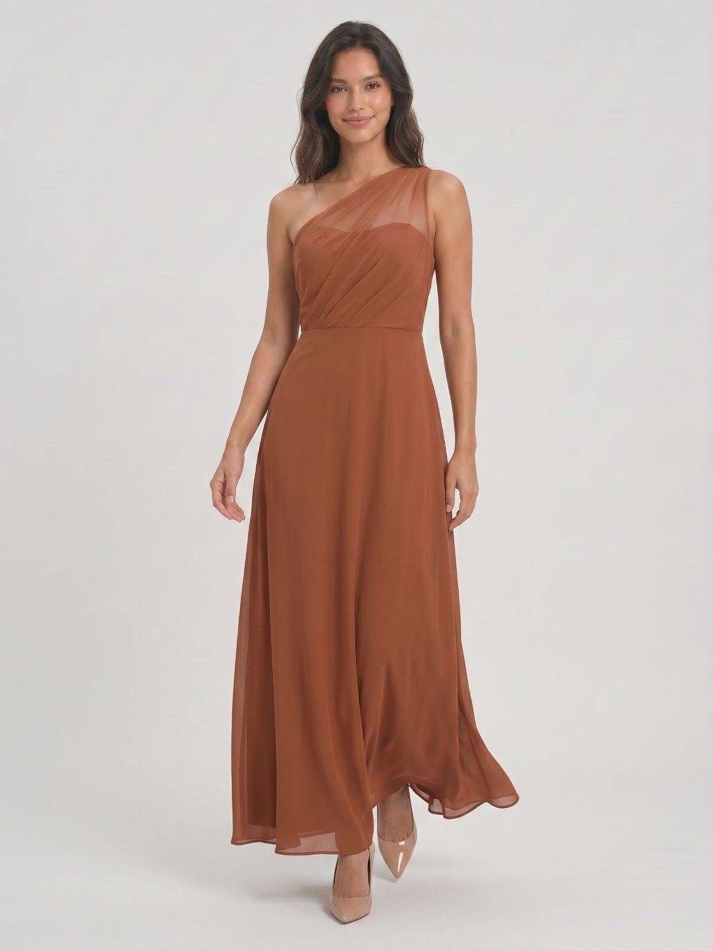 Terracotta Chiffon A-Line One Shoulder Illusion Back Floor-Length Bridesmaid Dress with Pleating