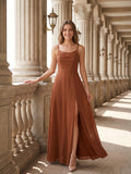 Terracotta Chiffon A-Line Scoop Neck Backless Ankle-Length Bridesmaid Dress
